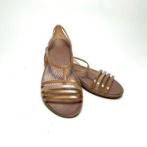 Crocs Isabella Sandals T-Strap Bronze Gold Glitter Strappy Flat Women's Size 6